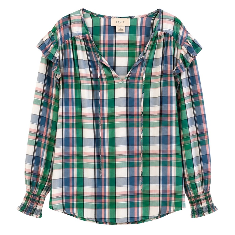 Loft Outlet Plaid Ruffle Shoulder V-Neck Tie Blouse Green Pink Blue XL
